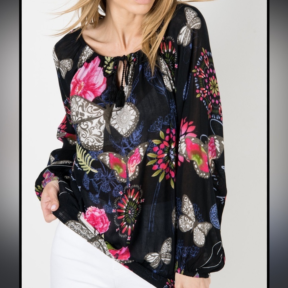 Desigual Candace Floral Butterfly Gauze Peasant Top Blouse XS